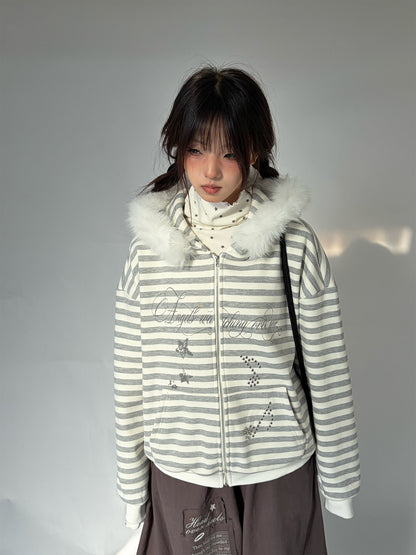 Detachable Fur Collar Fleece Lining Hooded Jacket NA9248
