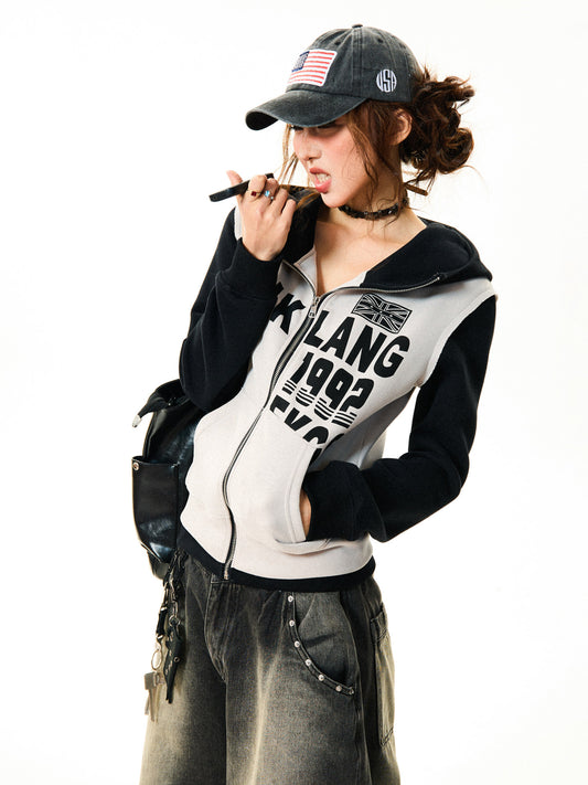 Color Block Letter Print Fitted Zipper Hoodie NA9363