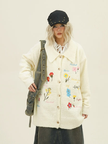 Floral Embroidery Oversize Polo Knit Cardigan NA6328