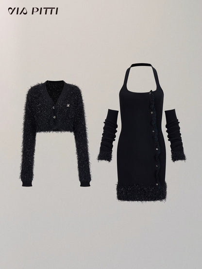 V-neck Furry Knit Cardigan & Arm Cover Hanging Neck Dress NA4809