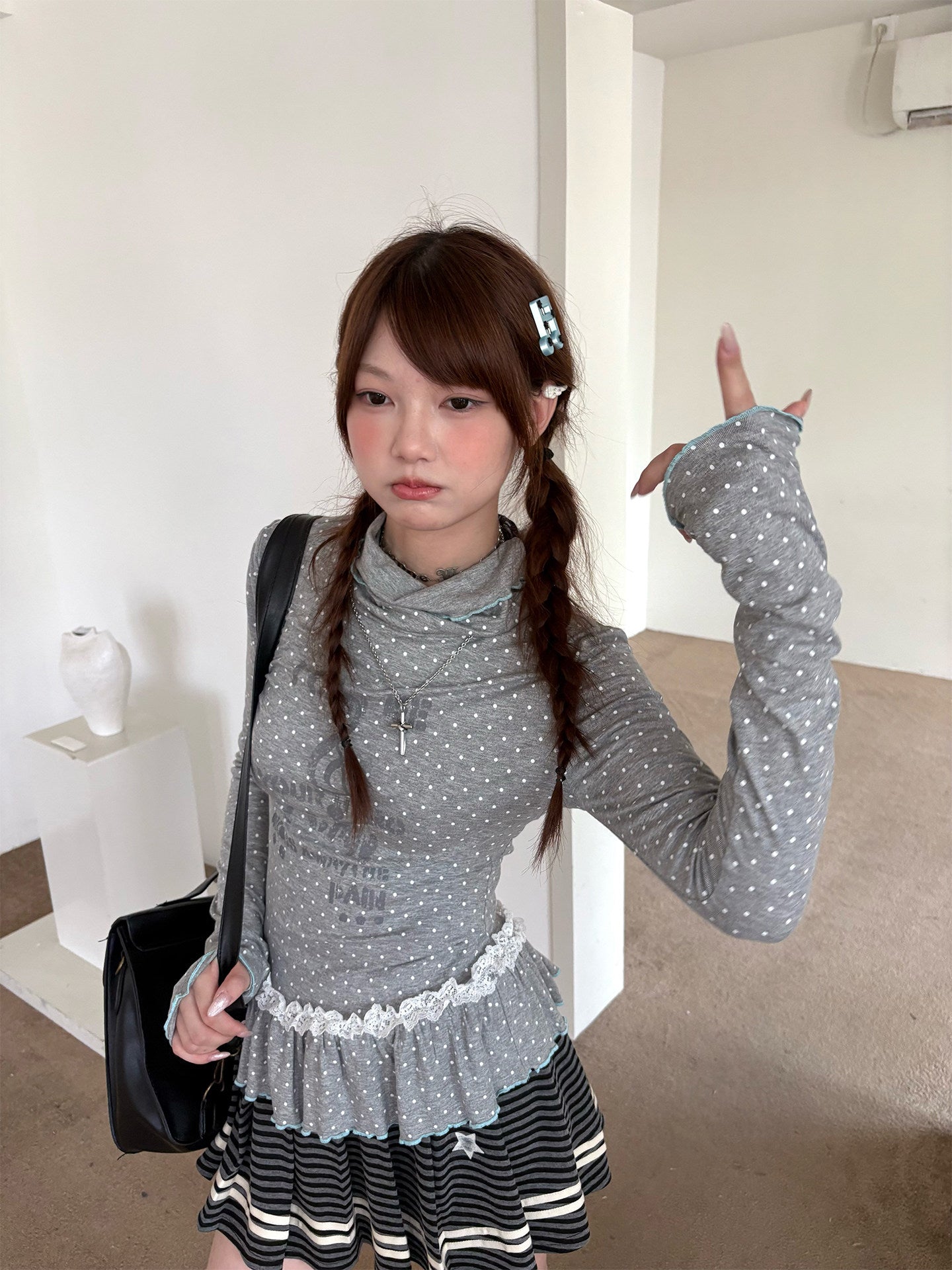 Polka Dot Lace High-Neck Long Sleeve T-Shirt NA9239