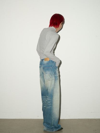 Washed Fade Seam Detail Wide Leg Denim Jeans NA9166