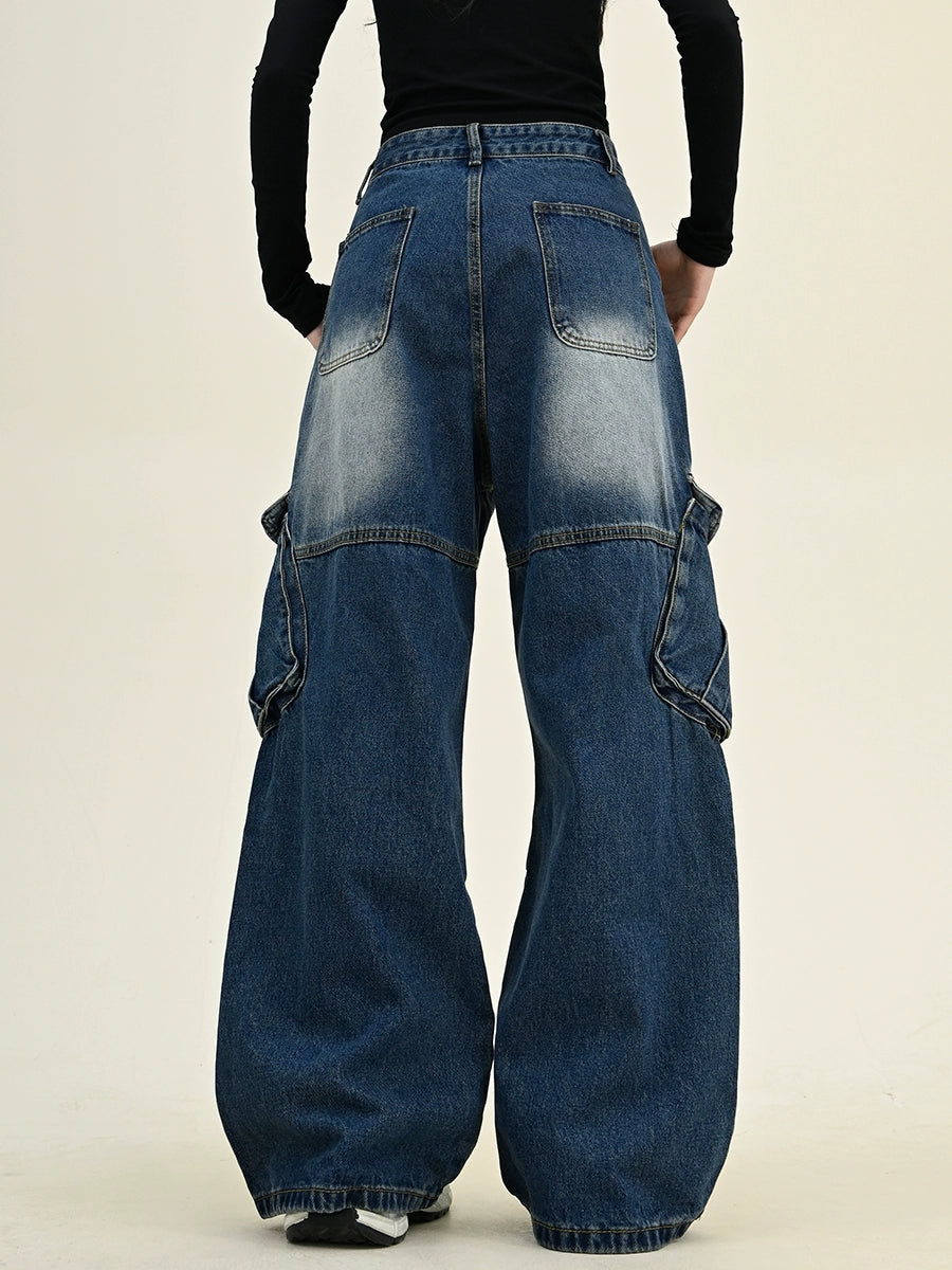 Oversize Washed Large Pocket Cargo Denim Jeans NA6282