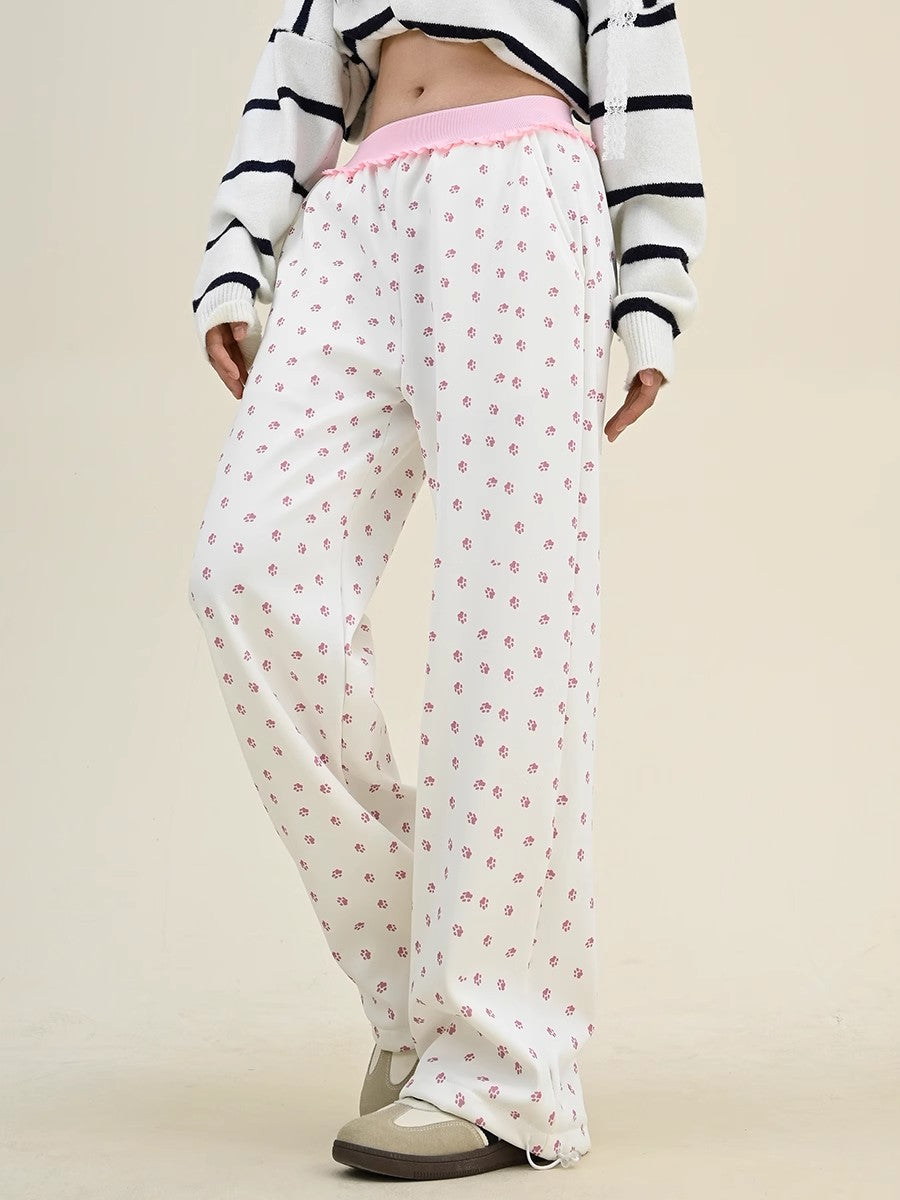 Oversize Allover Cat Paw Print Wide-Leg Pants NA6298