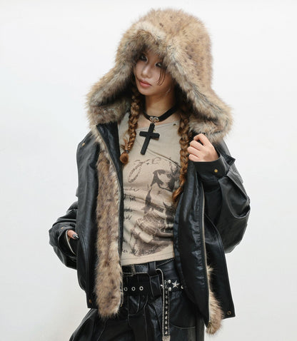 Fur Patchwork Thick PU Leather Jacket NA8562