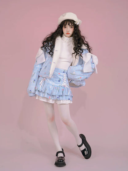 Flower Print Bow Fleece Lining Puffer Jacket NA8271