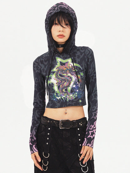 Dragon Star Print Cropped Hoodie NA6641