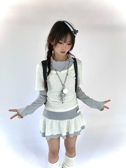 Fake Layered Striped Ruffle A-Line Dress NA9271
