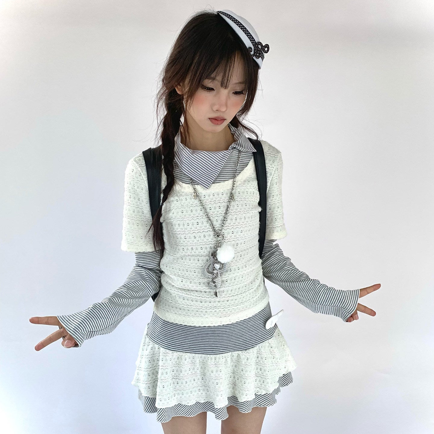 Fake Layered Striped Ruffle A-Line Dress NA9271
