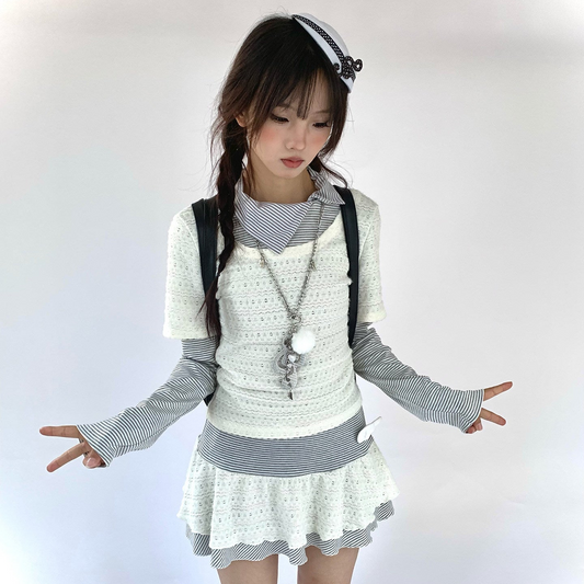 Fake Layered Striped Ruffle A-Line Dress NA9271