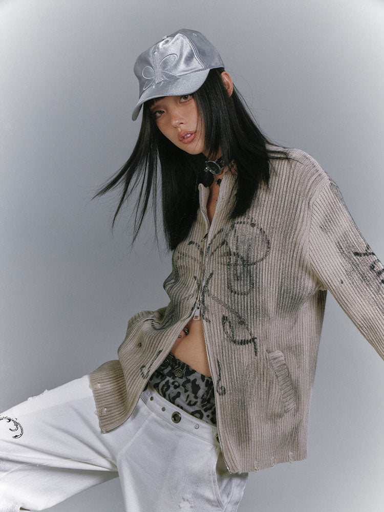 Washed Damage Graffiti Design Oversize Knit Cardigan NA8930