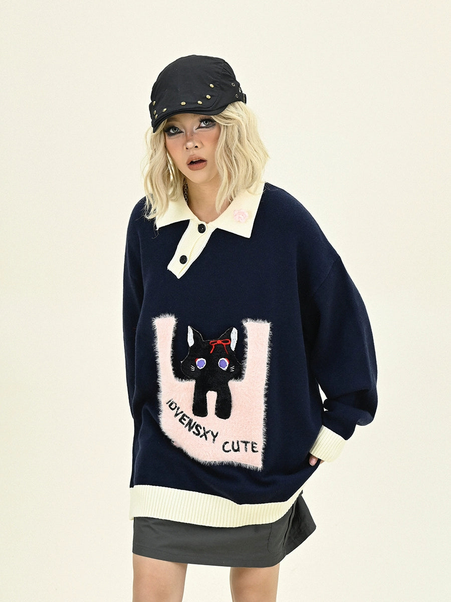 Cat Design Oversize Polo Knit Sweater NA6473