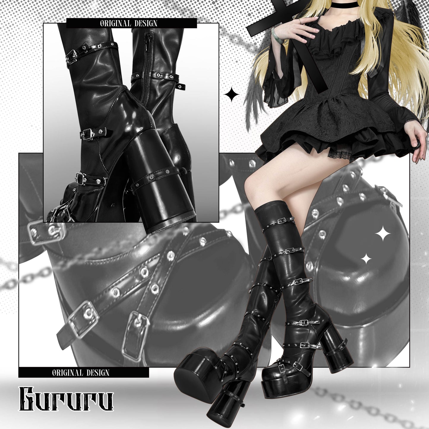 Cross Gothic Belted Platform Boots NA8474