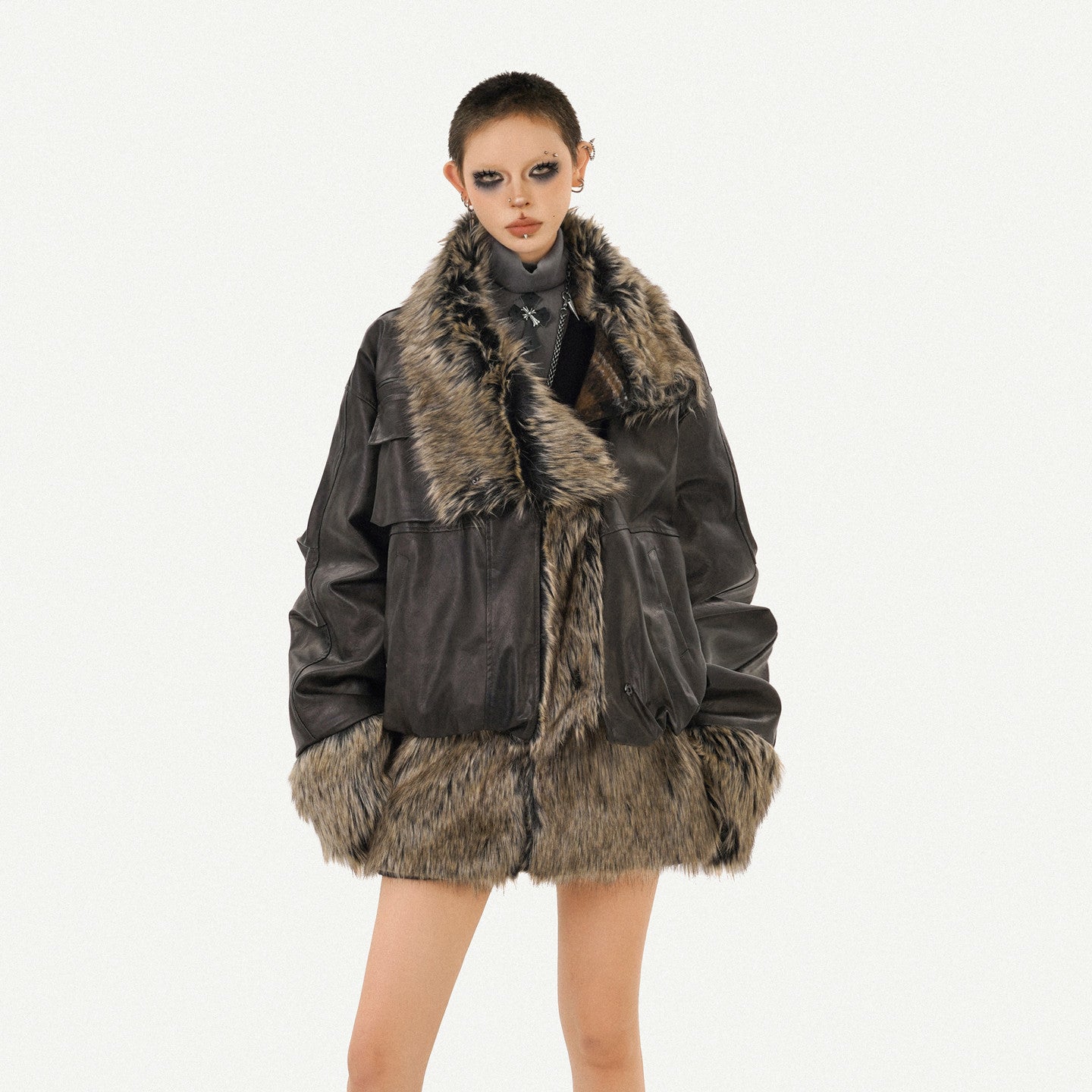 Reversible Fake Fur PU Leather Jacket & Skirt Setup NA8600