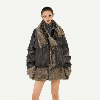 Reversible Fake Fur PU Leather Jacket & Skirt Setup NA8600