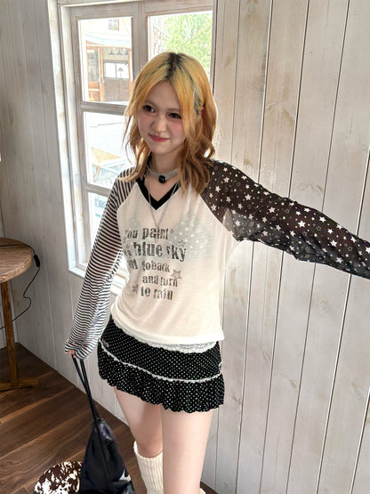 Star Contrast V-Neck Long Sleeve T-Shirt NA9273