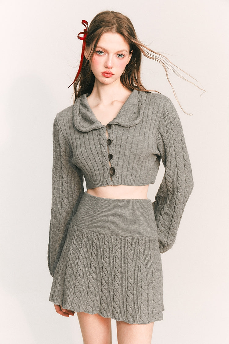 Round Collar Button Knit Cardigan & Knit Short Skirt Setup NA5872