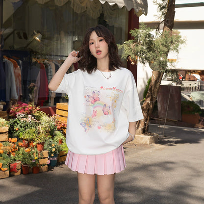 Butterfly Print Pure Cotton Oversized Short Sleeve T-Shirt NA2699