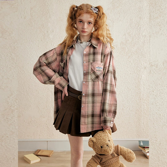 Pink Plaid Oversize Long Sleeve Shirt NA3476