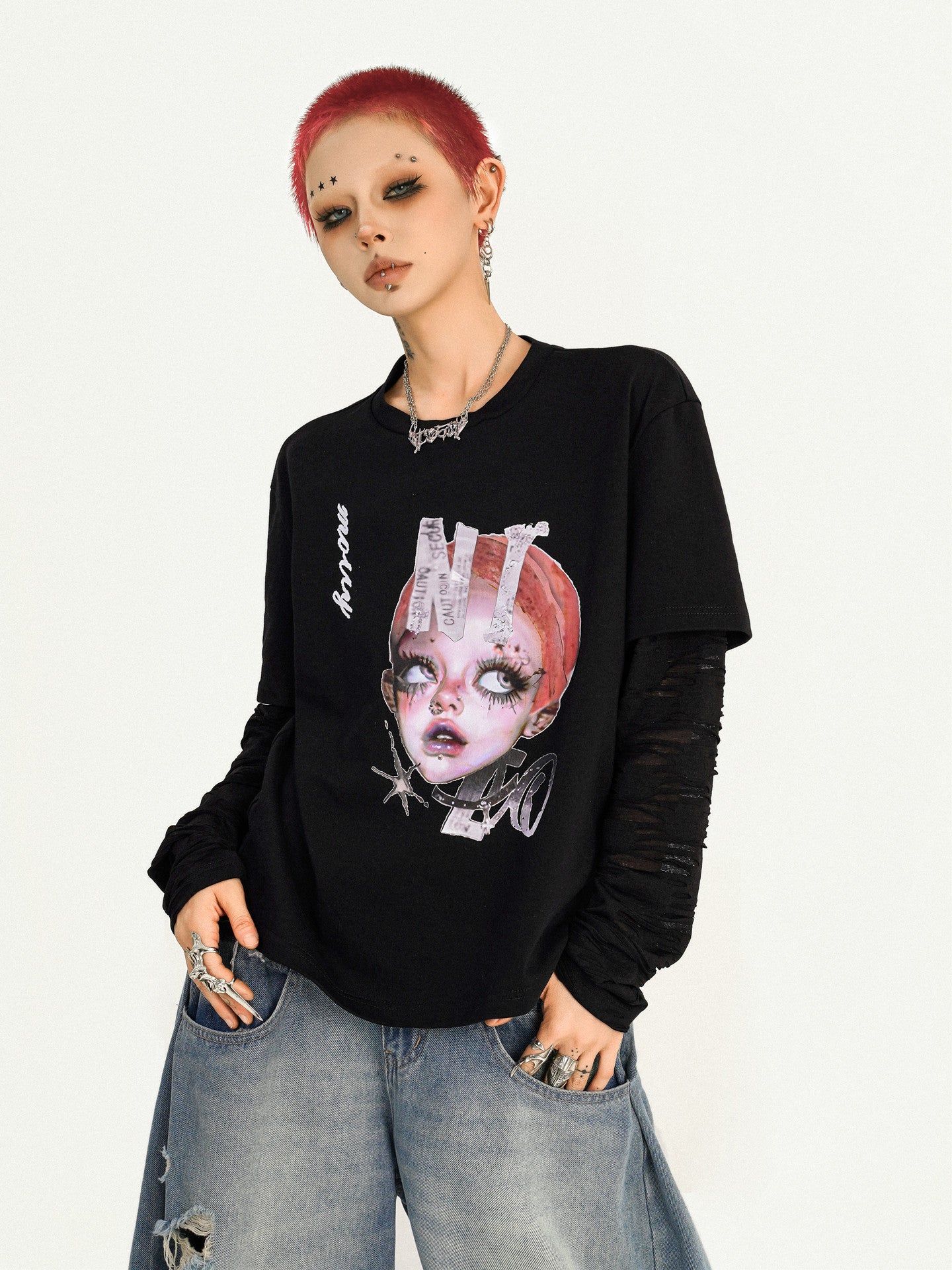 Cartoon Portrait Print Fake Layered Design Long Sleeve T-Shirt NA8604