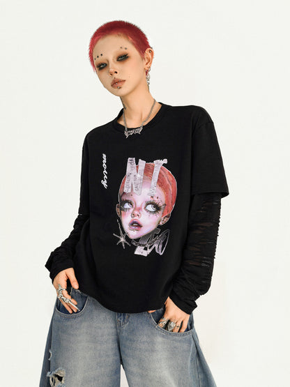Cartoon Portrait Print Fake Layered Design Long Sleeve T-Shirt NA8604