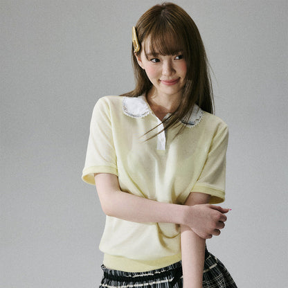 Lace Collar Short Sleeve Polo Shirt NA8845