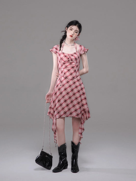 Check pattern Ruffle Edge Short Sleeve Dress NA5526