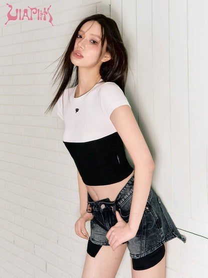 Patchwork Contrasting Slim Fitting Short Sleeve Knit Top NA4739