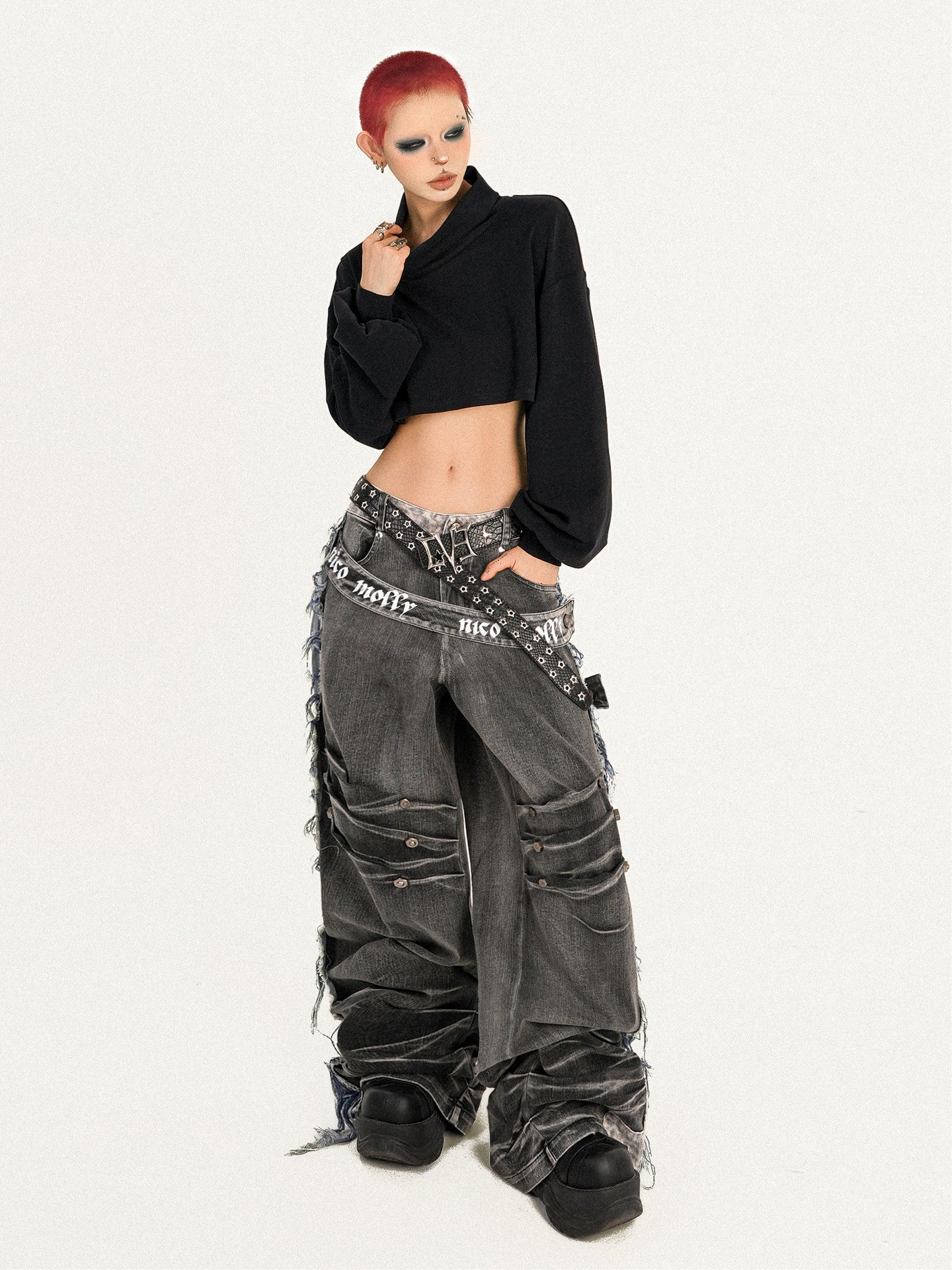 Damage Wash Raw Hem Wide Leg Denim Jeans NA8607