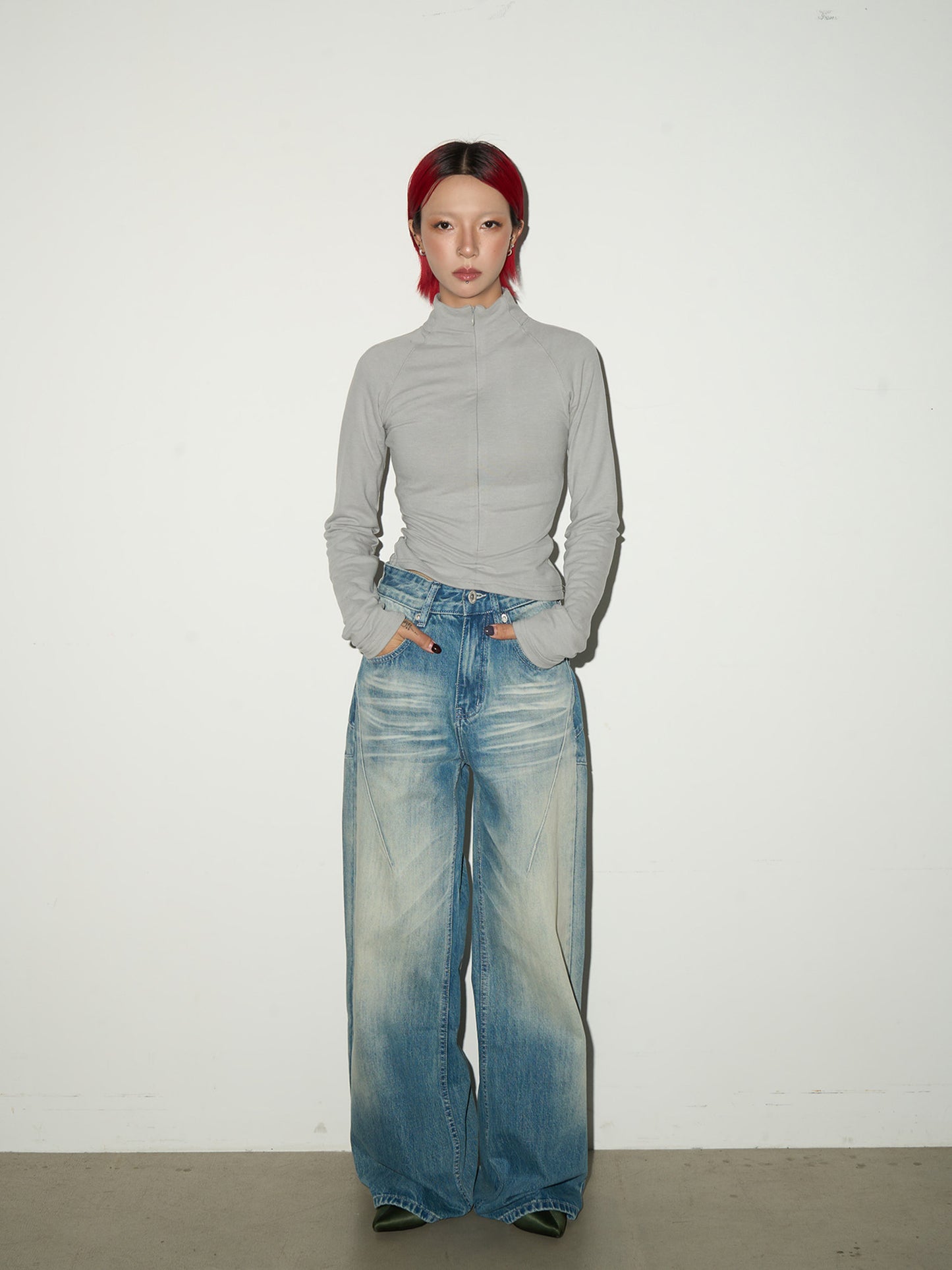 Washed Fade Seam Detail Wide Leg Denim Jeans NA9166