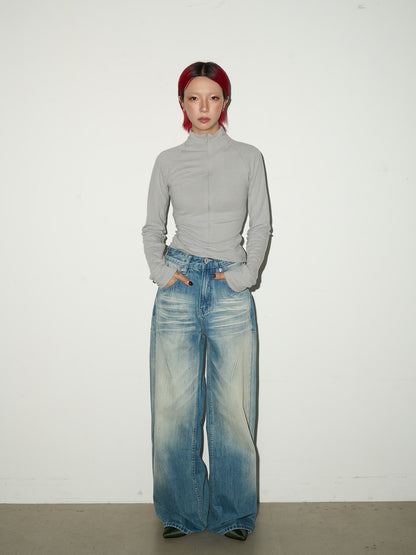 Washed Fade Seam Detail Wide Leg Denim Jeans NA9166