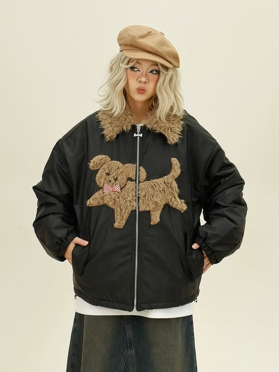 Fake Fur Collar Dog Design Zipper Puffer Jacket NA6357