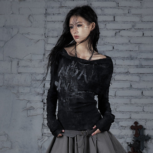 Off-Shoulder Print Slim Fit Long Sleeve T-Shirt NA9014