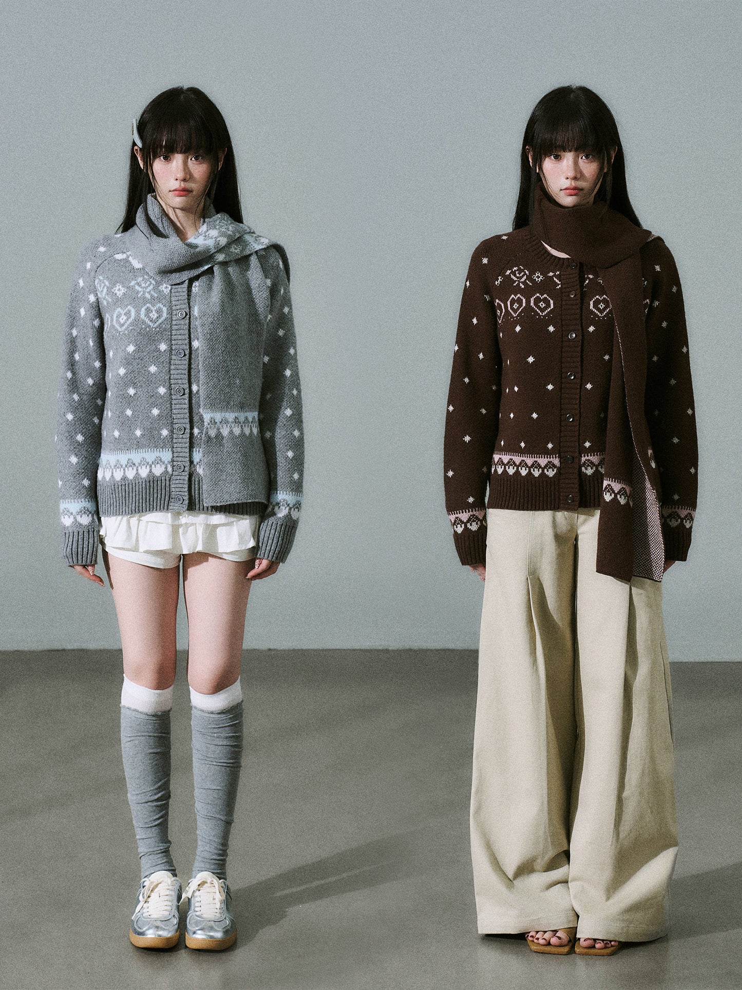 Fair Isle Pattern Wool Blend Scarf Knit Cardigan NA8791