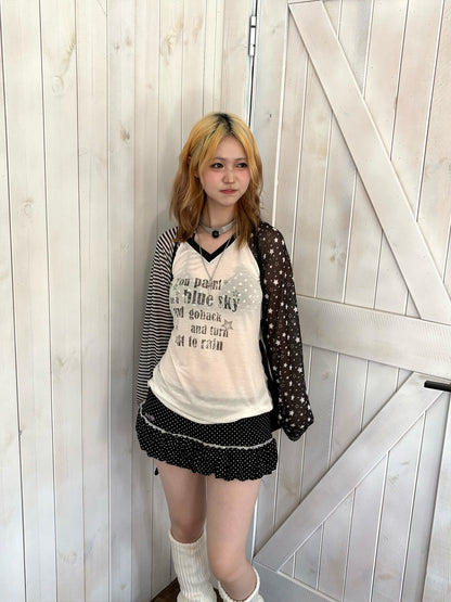Star Contrast V-Neck Long Sleeve T-Shirt NA9273