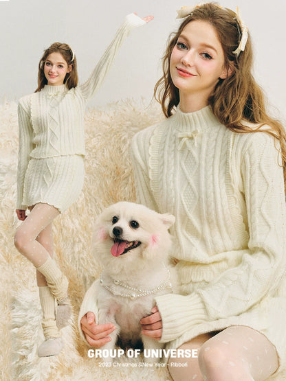 Fried Dough Twists Knit Sweater & Short Knit Skirt Setup NA5906