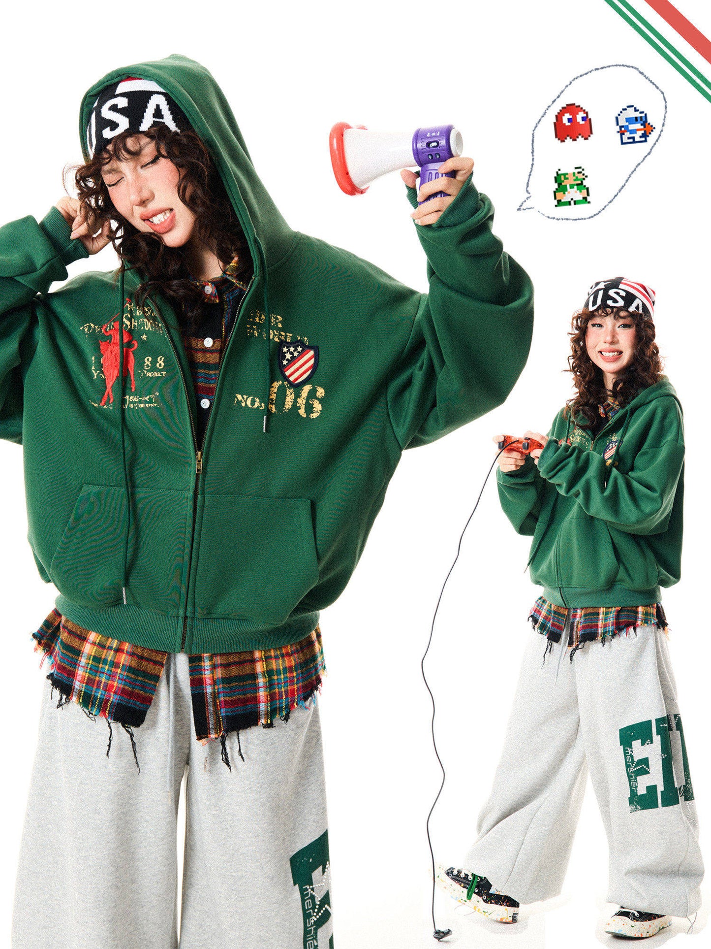Letter Embroidery Washed Zipper Hoodie WN9345