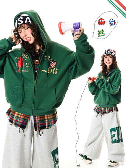 Letter Embroidery Washed Zipper Hoodie WN9345