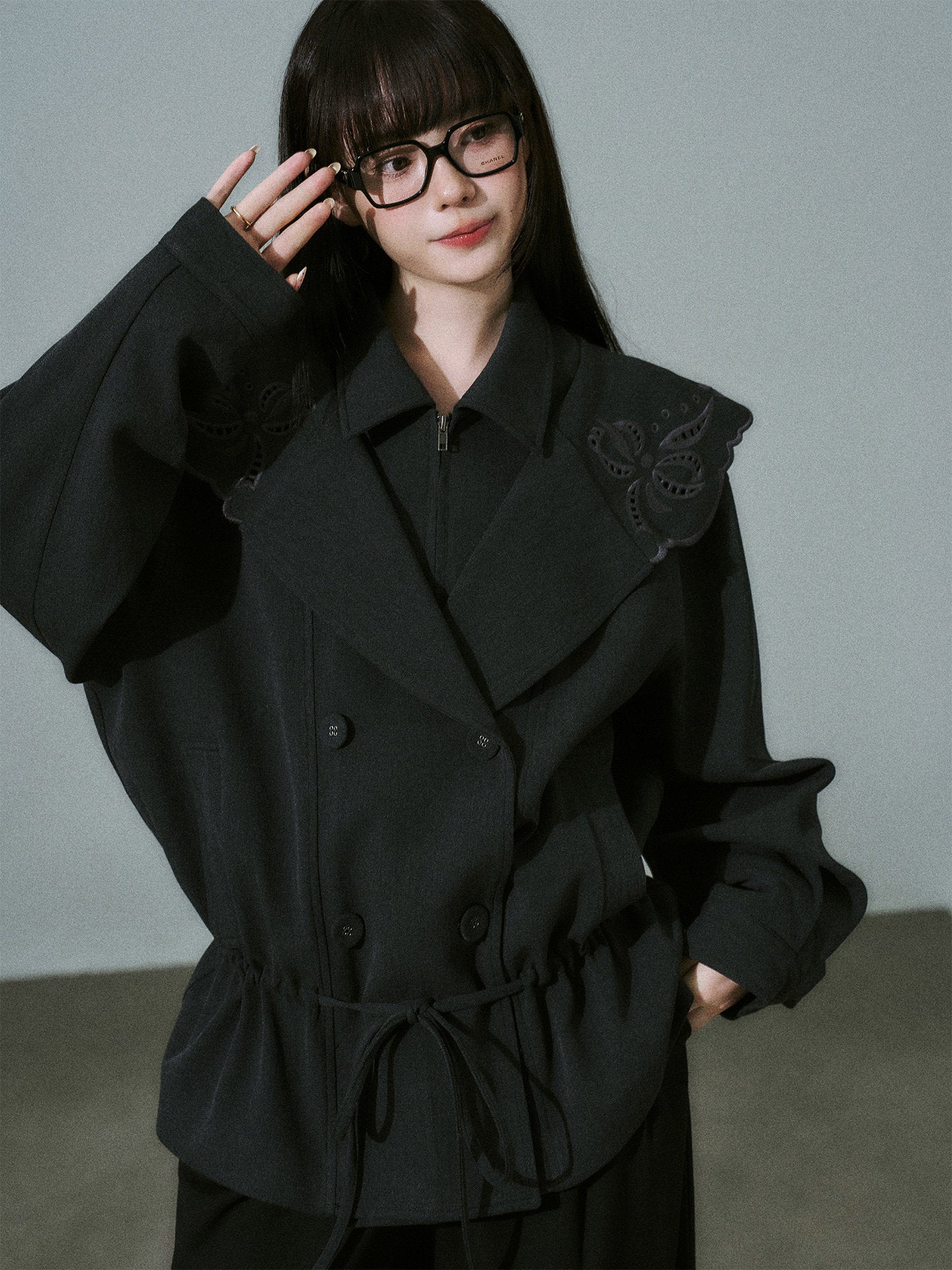 Embroidery Collar Drawstring Waist Double-Breasted Jacket NA8830