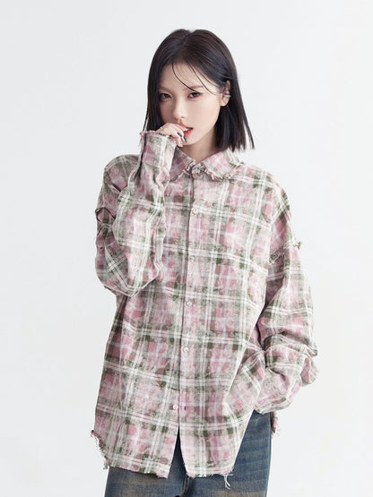 Oversize Pink Plaid Long Sleeve Shirt NA2731