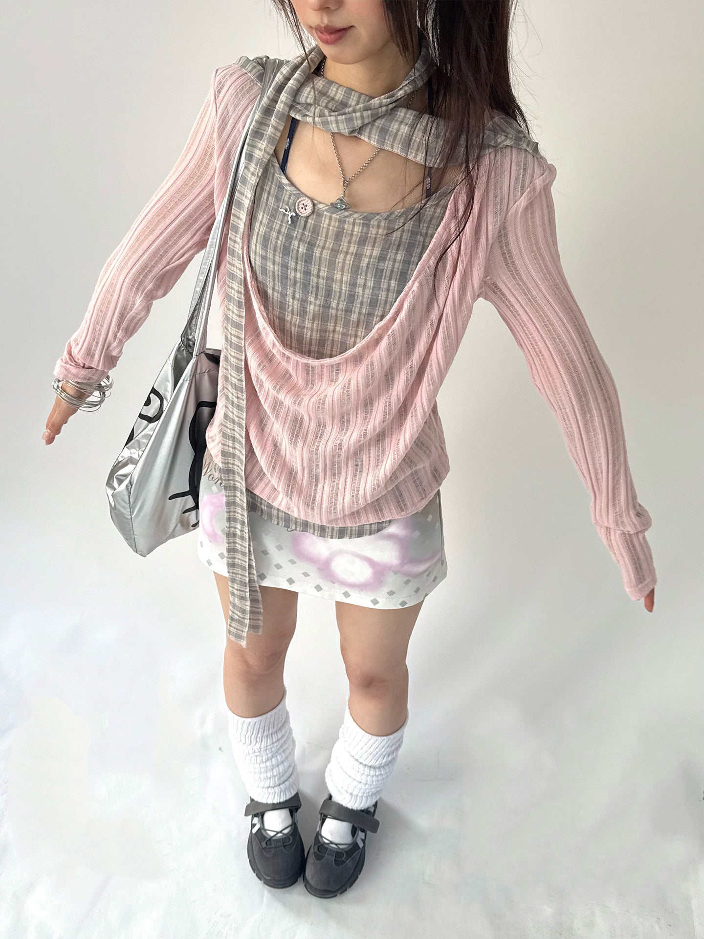 Plaid Ripped Fake Layered Long Sleeve T-Shirt NA9253