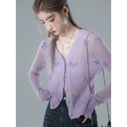 Butterfly Design Jacquard Mohair Blend Knit Cardigan NA5568