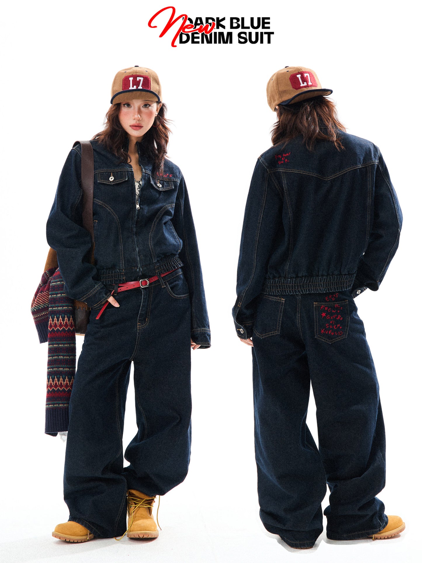 Embroidered Cropped Denim Jacket & Wide-Leg Denim Jeans Setup NA9420