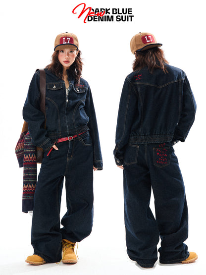 Embroidered Cropped Denim Jacket & Wide-Leg Denim Jeans Setup NA9420