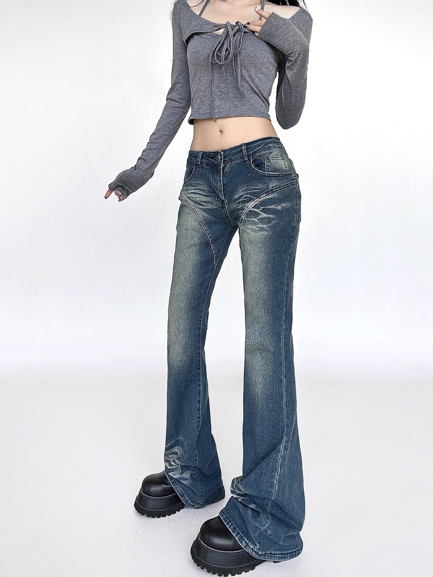 Washed Low Waist Micro Flare Denim Jeans NA4621