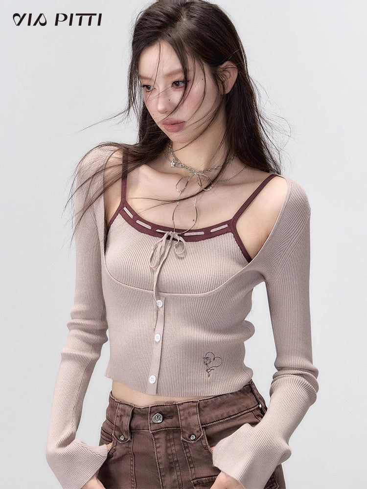 Contrast Color Camisole & Long Sleeve Knit Cardigan Two-Piece Set NA5074