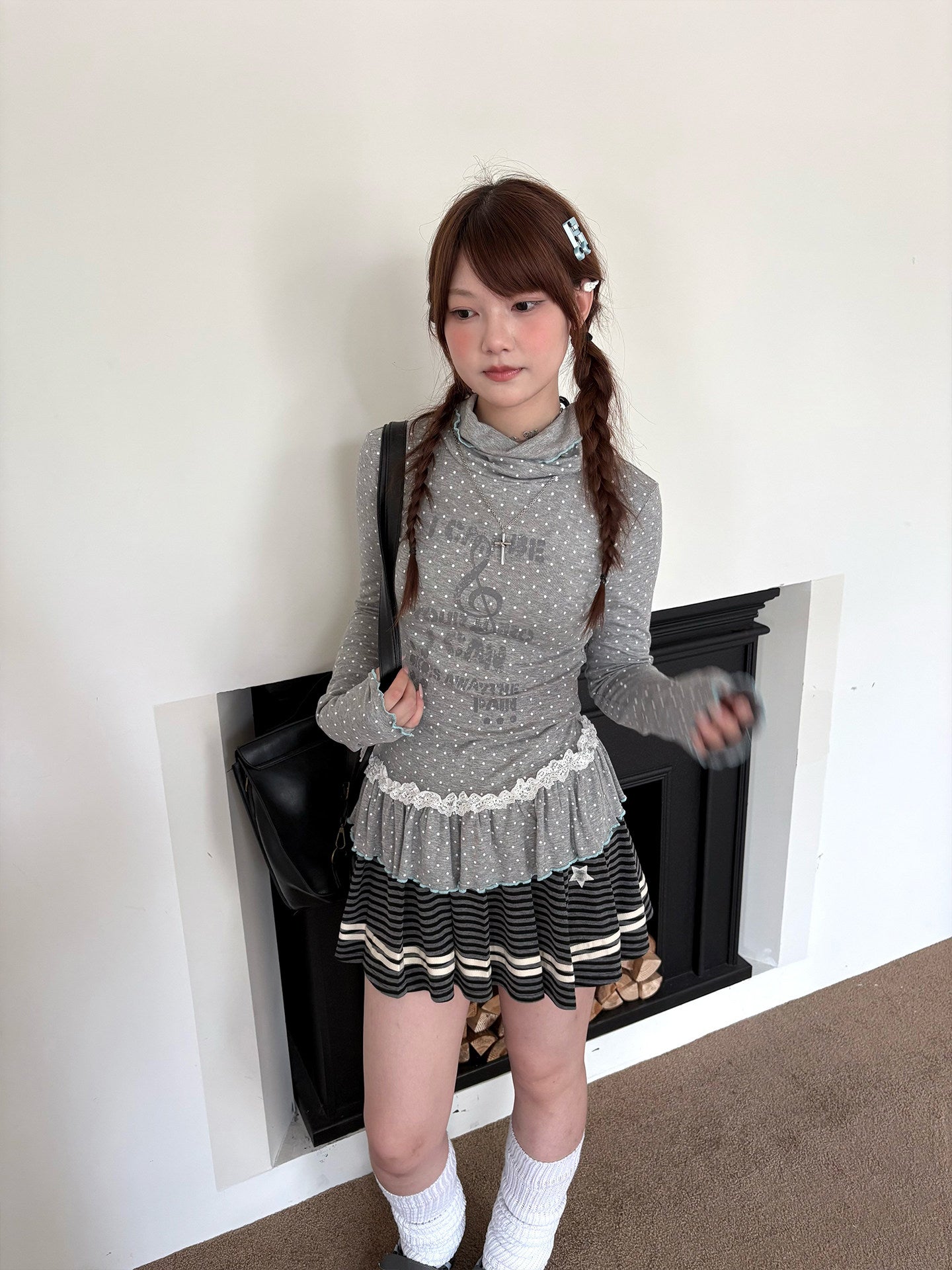 Polka Dot Lace High-Neck Long Sleeve T-Shirt NA9239
