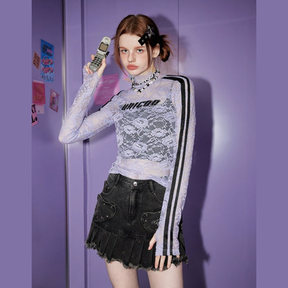 Lace Side Stripes Stand Neck Long Sleeve T-shirt NA3362