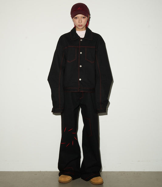 Contrast Stitch Denim Jacket & Wide Leg Denim Jeans Setup NA9034