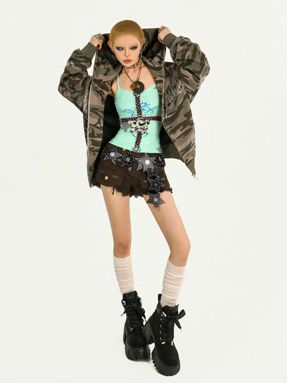 NA8615 Nico Molly American Vintage Camouflage Hooded Sweatshirt Women's Hot Diamond Letter Loose Hiphop Fall Coat NA8615